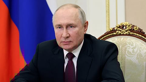 FILE PHOTO: Russian President Vladimir Putin addresses participants of the international military-technical forum Army-2023 via a video link in Moscow, Russia, in this picture released August 14, 2023.