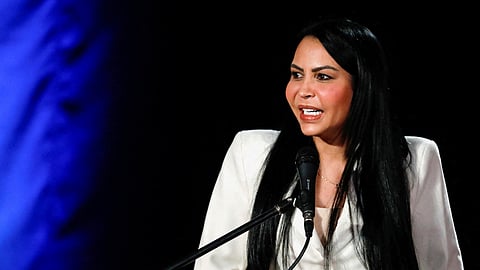 FILE PHOTO: Delsa Solorzano, candidate of the Encuentro Ciudadano party, attends a debate with other candidates, in Caracas, Venezuela July 12, 2023. 