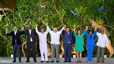 Ecuador's Foreign Minister Gustavo Manrique, Guyana's Prime Minister Mark Phillips, Colombia's President Gustavo Petro, Brazil's President Luiz Inacio Lula da Silva, Bolivia's President Luis Arce, Peru's President Dina Boluarte, Venezuela's Vice President Delcy Rodriguez and Suriname's Foreign Minister Albert Ramdin pose for a family photo at the summit of the Amazon Cooperation Treaty Organization (ACTO), in Belem, Brazil August 8, 2023. 