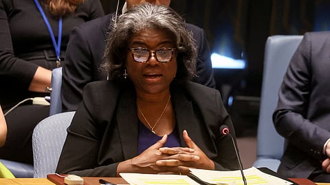 U.S. Ambassador to the United Nations Linda Thomas-Greenfield addresses the U.N. Security Council meeting on the situation in Ukraine, at the U.N. headquarters in New York City, U.S., July 17, 2023. 