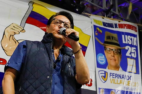 Ecuadorean presidential candidate Fernando Villavicencio speaks during a campaign rally in Quito, Ecuador August 9, 2023. 