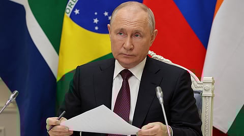 Russian President Vladimir Putin takes part in a press conference during the 15th BRICS Summit, via video link in Moscow, Russia, August 24, 2023. 