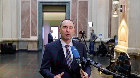 FILE PHOTO: Federal Chairman of Free Voters (Freie Waehler) Hubert Aiwanger talks to the media during a discussion at the German upper house of parliament Bundesrat, in Berlin, Germany April 22, 2021. 