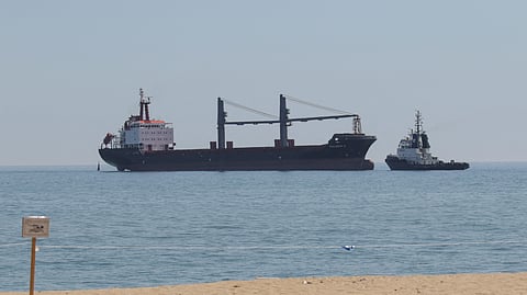FILE PHOTO: The Barbados-flagged general cargo ship Fulmar S arrives to the sea port in Chornomorsk after restarting grain export, Ukraine August 7, 2022. 