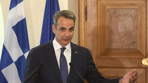 Greek Prime Minister Kyriakos Mitsotakis attends a news conference with Cyprus President Nikos Christodoulides at the Presidential Palace in Nicosia, Cyprus July 31, 2023. 