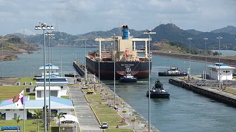FILE PHOTO: Monrovia NSU CHALLENGER bulk carrier transits the expanded canal through Cocoli Locks at the Panama Canal, on the outskirts of Panama City, Panama April 19, 2023. 