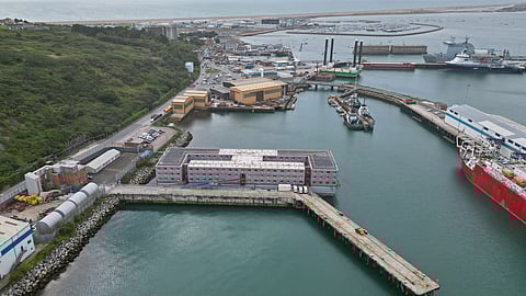 FILE PHOTO: An aerial view shows the Bibby Stockholm barge moored at Portland Port, near Poole, Britain, August 7, 2023. 