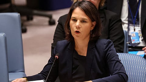 FILE PHOTO: German Foreign Minister Annalena Baerbock addresses the U.N. Security Council meeting on the situation in Ukraine at the U.N. headquarters in New York City, U.S., July 17, 2023. 
