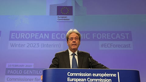 FILE PHOTO: EU Economic Commissioner Paolo Gentiloni holds a news conference on the European Commission's economic forecasts for the EU for 2023 and 2024 on GDP and inflation, in Brussels, Belgium February 13, 2023. 