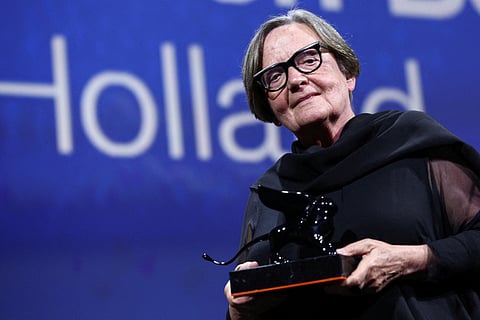 FILE PHOTO: The 80th Venice Film Festival - Awards Ceremony - Venice, Italy, September 9, 2023. Director Agnieszka Holland poses with the special Jury Prize award for the movie "Zielona Granica" (Green Border).