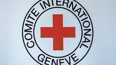Logo of the ICRC is seen during the press conference of Robert Mardini, Director-General of the International Committee of the Red Cross (ICRC) in Geneva, Switzerland, September 11, 2023. 