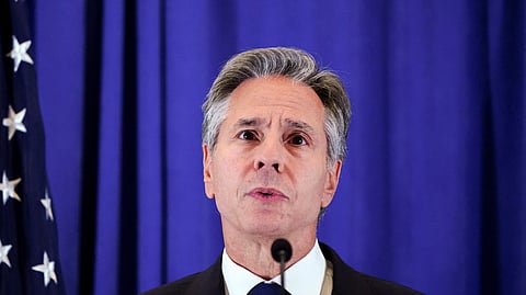 U.S. Secretary of State Antony Blinken addresses members of the press on the sidelines of the 78th United Nations General Assembly at the Lotte Palace Hotel in New York City, U.S., September 22, 2023. 
