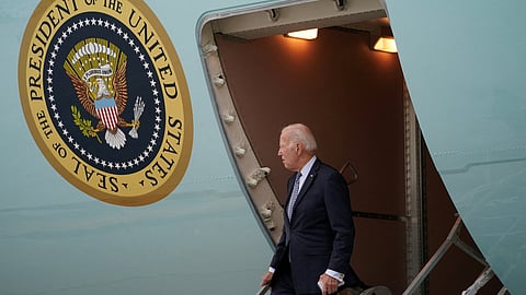 FILE PHOTO: U.S. President Joe Biden steps from Air Force One upon his arrival in New York, U.S. September 17, 2023. 