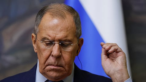 Russian Foreign Minister Sergei Lavrov gestures during a press conference with Turkish Foreign Minister Hakan Fidan, in Moscow, Russia, August 31, 2023. 