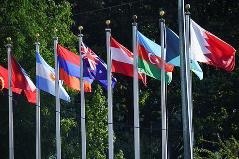 A view of national flags during the 78th United Nations General Assembly, outside the United Nations Headquarters in New York City, U.S., September 19, 2023.
