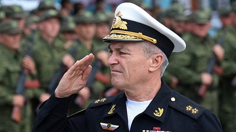 FILE PHOTO: Commander of the Russian Black Sea Fleet Vice-Admiral Viktor Sokolov salutes during a send-off ceremony for reservists drafted during partial mobilisation, in Sevastopol, Crimea September 27, 2022. 