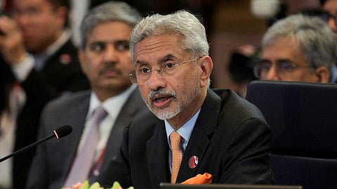 FILE PHOTO: India's Foreign Minister Subrahmanyam Jaishankar, delivers his speech in the Association of Southeast Asian Nations (ASEAN) Post Ministerial Conference with India during the ASEAN Foreign Ministers' meeting in Jakarta, on July 13, 2023, where Myanmar's seat was left empty. 