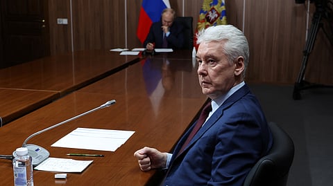 Mayor of Moscow Sergei Sobyanin attends a meeting chaired by Russian President Vladimir Putin on the development of unmanned aircraft, at the Rudnyovo industrial park in Moscow, Russia April 27, 2023. 