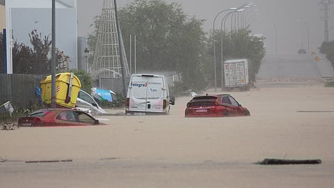 Cars are stranded on a flooded road, following heavy rain in Toledo, Spain September 4, 2023. 