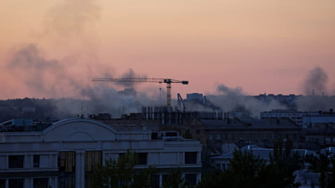 Smoke rises above buildings following a shelling in the course of Russia-Ukraine conflict in Donetsk, Russian-controlled Ukraine, September 10, 2023. 