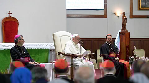 Pope Francis speaks during a meeting with bishops, priests, missionaries, consecrated persons and pastoral workers at Saints Peter and Paul Cathedral, during his Apostolic Journey in Ulaanbaatar, Mongolia September 2, 2023. 
