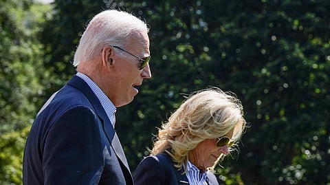 U.S. President Joe Biden and first lady Jill Biden walk to Marine One on the South Lawn of the White House in Washington, U.S., September 2, 2023. 