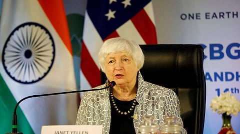 FILE PHOTO: U.S. Treasury Secretary Janet Yellen addresses the media, along with Indian Finance Minister Nirmala Sitharaman, on the sidelines of a G20 meeting at Gandhinagar, India, July 17, 2023. 