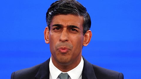 British Prime Minister Rishi Sunak speaks on stage at Britain's Conservative Party's annual conference in Manchester, Britain, October 4, 2023. 