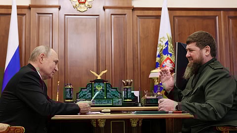 FILE PHOTO: Russian President Vladimir Putin attends a meeting with Chechen leader Ramzan Kadyrov in Moscow, Russia, September 28, 2023. 