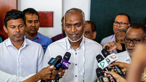Mohamed Muizzu, Maldives presidential candidate of the opposition party, People's National Congress speaks with the media personnel during the second round of a presidential election in Male, Maldives September 30, 2023. 