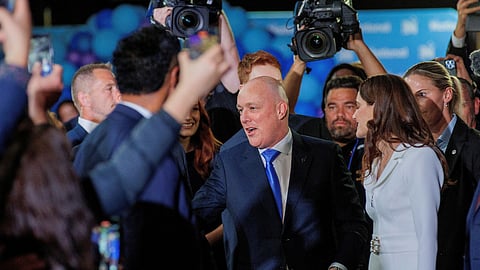 Christopher Luxon, Leader of the National Party arrives at his election party after winning the general election to become New Zealand’s next prime minister in Auckland, New Zealand, October 14, 2023. 