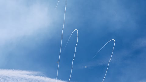 Israel's Iron Dome anti-missile system intercepts rockets launched from the Gaza Strip, as seen from Ashkelon in southern Israel October 7, 2023. 