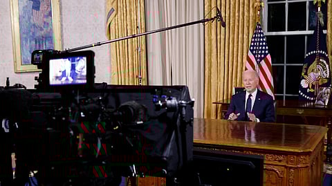 U.S. President Joe Biden delivers a prime-time address to the nation about his approaches to the conflict between Israel and Hamas, humanitarian assistance in Gaza and continued support for Ukraine in their war with Russia, from the Oval Office of the White House in Washington, U.S. October 19, 2023. 