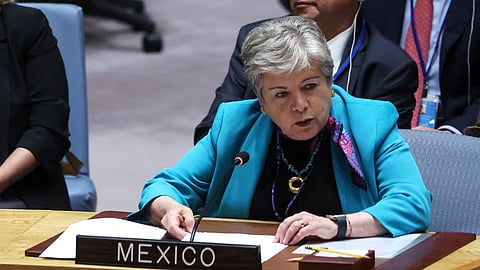 FILE PHOTO: Mexico's Foreign Minister Alicia Barcena speaks during a ministerial level meeting of the United Nations Security Council on the crisis in Ukraine at U.N. headquarters in New York, September 20, 2023. 