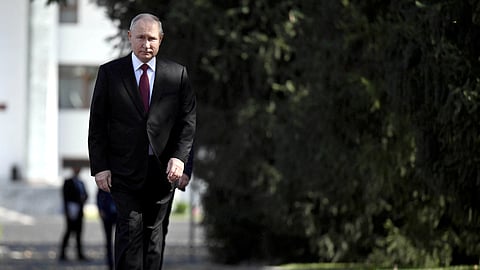 Russia's President Vladimir Putin arrives for a meeting with Kyrgyzstan's President Sadyr Japarov in Bishkek, Kyrgyzstan October 12, 2023. 