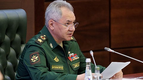FILE PHOTO: Russian Defence Minister Sergei Shoigu chairs a meeting with the leadership of the Armed Forces in Moscow, Russia, in this picture released September 26, 2023. 