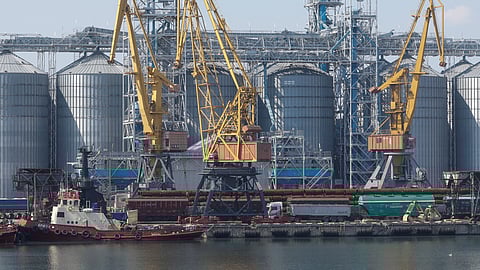 FILE PHOTO: A view shows a grain terminal in the sea port in Odesa after restarting grain export, as Russia's attack on Ukraine continues, Ukraine August 19, 2022. 