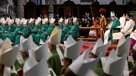 FILE PHOTO: Pope Francis presides over the closing Mass at the end of the Synod of Bishops in Saint Peter's Basilica at the Vatican, October 29, 2023. 