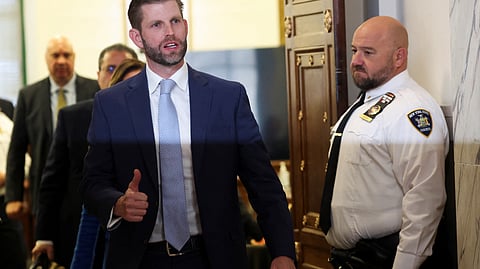 Former U.S. President Donald Trump's son and co-defendant, Eric Trump gestures as he leaves the courtroom after attending the Trump Organization civil fraud trial, in New York State Supreme Court in the Manhattan borough of New York City, U.S., November 2, 2023. 