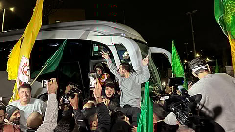 A released Palestinian prisoner reacts after leaving the Israeli military prison, Ofer, amid a hostages-prisoners swap deal between Hamas and Israel, near Ramallah in the Israeli-occupied West Bank November 28, 2023. 