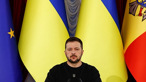 FILE PHOTO: Ukraine's President Volodymyr Zelenskiy attends a joint press conference with Moldova's President Maia Sandu and President of the European Council Charles Michel, amid Russia's attack on Ukraine, in Kyiv, Ukraine November 21, 2023. 