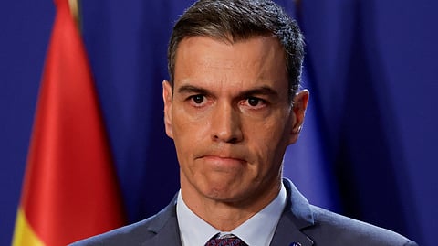 FILE PHOTO: Spain's acting Prime Minister Pedro Sanchez attends a press conference with European Commission President Ursula von der Leyen and European Council President Charles Michel on the day of the informal meeting of European heads of state or government, in Granada, Spain October 6, 2023. 