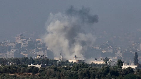 Smoke rises over northern Gaza Strip, amid the ongoing conflict between Israel and Palestinian Islamist group Hamas, as seen from Sderot in southern Israel, November 8, 2023. 