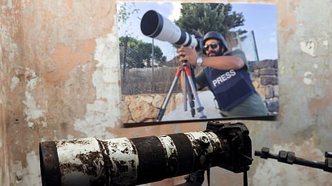 FILE PHOTO: The camera that belonged to Reuters journalist Issam Abdallah who was killed on October 13 by what a Reuters investigation has found was an Israeli tank crew, is displayed during a press conference by Amnesty International and Human Rights Watch as they released findings from their investigations into the deadly October 13 strikes by Israel on southern Lebanon, in Beirut, Lebanon, December 7, 2023. 
