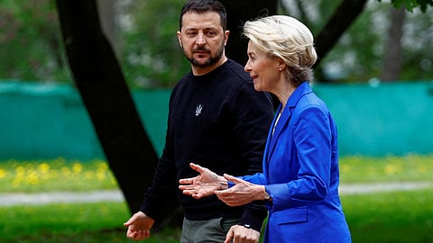 FILE PHOTO: European Commission President Ursula von der Leyen and Ukraine's President Volodymyr Zelenskiy walk after a joint press conference, amid Russia's attack on Ukraine, in Kyiv, Ukraine May 9, 2023. 