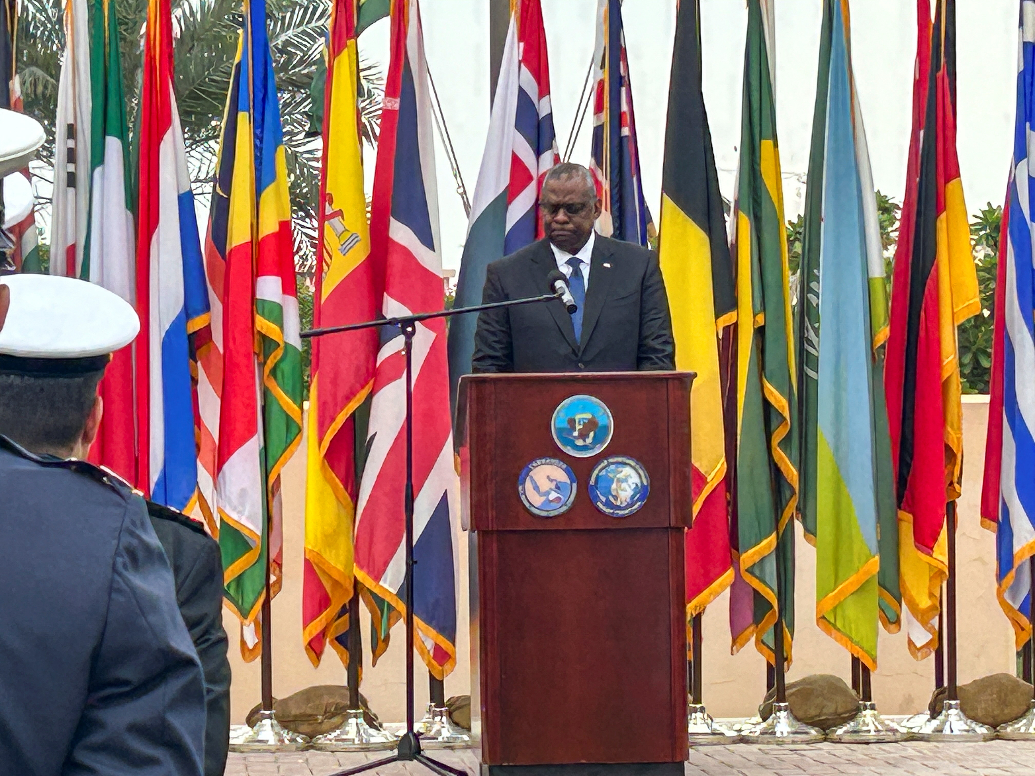 U.S. Defense Secretary Lloyd Austin addresses U.S. forces at the Navy's Fifth Fleet headquarters in Manama, Bahrain, December 19, 2023. 