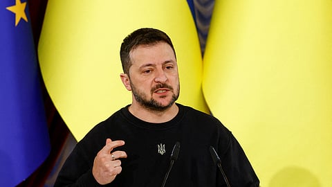 FILE PHOTO: Ukraine's President Volodymyr Zelenskiy attends a joint press conference with Moldova's President Maia Sandu and President of the European Council Charles Michel, amid Russia's attack on Ukraine, in Kyiv, Ukraine, November 21, 2023. 