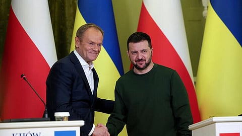 Ukrainian President Volodymyr Zelenskiy and Polish Prime Minister Donald Tusk attend a joint press conference, amid Russia's attack on Ukraine, in Kyiv, Ukraine January 22, 2024. 
