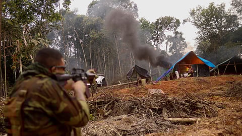 FILE PHOTO: A miners' camp is destroyed at an illegal gold mine during an operation against illegal gold mining at the Urupadi National Forest Park in the Amazon rainforest, conducted by agents of the Chico Mendes environmental agency ICMBio with support of the Federal Police, the Federal Highway Police, Brazilian Intelligence Agency (ABIN) agents and Brazilian Public-Safety National Force officers, in the municipality of Maues, Amazonas state, Brazil May 21, 2023. 
