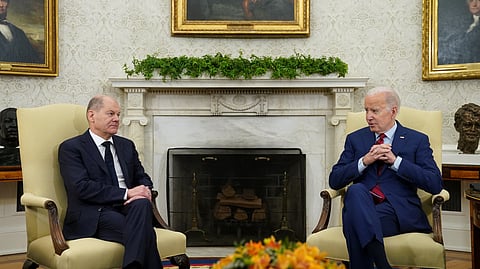 U.S. President Joe Biden meets with German Chancellor Olaf Scholz in the Oval Office of the White House in Washington, U.S., March 3, 2023. 